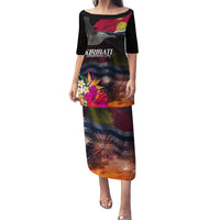 Personalised Kiribati Independence Day Puletasi Frigatebird and Plumeria Hibiscus Flower LT03 Long Dress Black - Polynesian Pride