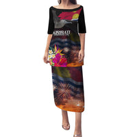 Personalised Kiribati Independence Day Puletasi Frigatebird and Plumeria Hibiscus Flower LT03 Long Dress Black - Polynesian Pride