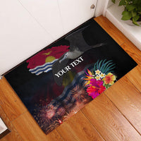 Personalised Kiribati Independence Day Rubber Doormat Frigatebird and Plumeria Hibiscus Flower LT03 Black - Polynesian Pride