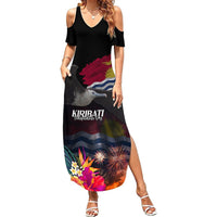 Personalised Kiribati Independence Day Summer Maxi Dress Frigatebird and Plumeria Hibiscus Flower LT03 Women Black - Polynesian Pride