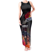 Personalised Kiribati Independence Day Tank Maxi Dress Frigatebird and Plumeria Hibiscus Flower LT03 Women Black - Polynesian Pride