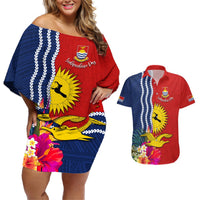 Personalised Kiribati Independence Day Couples Matching Off Shoulder Short Dress and Hawaiian Shirt Kiribati Map With Flag Color LT03 Red - Polynesian Pride