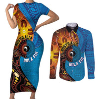 Fiji and Australia Together Couples Matching Short Sleeve Bodycon Dress and Long Sleeve Button Shirt Tapa Tribal Tattoo mix Aboriginal Pattern