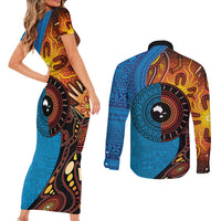 Fiji and Australia Together Couples Matching Short Sleeve Bodycon Dress and Long Sleeve Button Shirt Tapa Tribal Tattoo mix Aboriginal Pattern