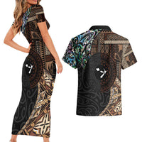 Samoa and New Zealand Together Couples Matching Short Sleeve Bodycon Dress and Hawaiian Shirt Siapo Motif and Maori Paua Shell Pattern