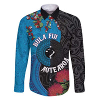 Fiji and New Zealand Together Family Matching Long Sleeve Bodycon Dress and Hawaiian Shirt Tapa Maori Tattoo mix Tagimoucia and Pohutukawa