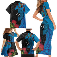 Fiji and New Zealand Together Family Matching Short Sleeve Bodycon Dress and Hawaiian Shirt Tapa Maori Tattoo mix Tagimoucia and Pohutukawa