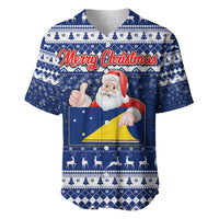 Tokelau Christmas Baseball Jersey Santa Claus Tokelau Flag and Coat of Arms with Polynesian Pattern LT03 Blue - Polynesian Pride