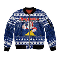 Personalised Tokelau Christmas Sleeve Zip Bomber Jacket Santa Claus Tokelau Flag and Coat of Arms with Polynesian Pattern LT03 Unisex Blue - Polynesian Pride
