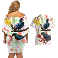 New Zealand Pohutukawa Tui Bird Couples Matching Off Shoulder Short Dress and Hawaiian Shirt Kowhai Version LT03 - Polynesian Pride