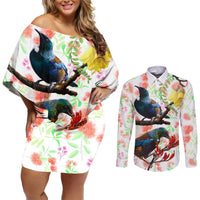 New Zealand Pohutukawa Tui Bird Couples Matching Off Shoulder Short Dress and Long Sleeve Button Shirt Kowhai Version LT03 White - Polynesian Pride