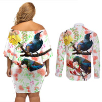 New Zealand Pohutukawa Tui Bird Couples Matching Off Shoulder Short Dress and Long Sleeve Button Shirt Kowhai Version LT03 - Polynesian Pride