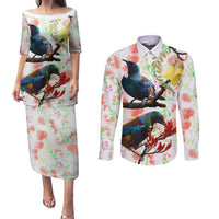 New Zealand Pohutukawa Tui Bird Couples Matching Puletasi and Long Sleeve Button Shirt Kowhai Version LT03 White - Polynesian Pride