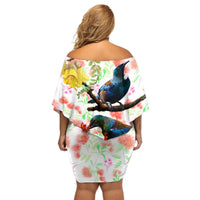 New Zealand Pohutukawa Tui Bird Off Shoulder Short Dress Kowhai Version LT03 - Polynesian Pride