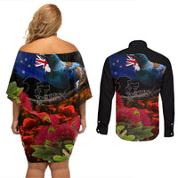 New Zealand ANZAC Day Couples Matching Off Shoulder Short Dress and Long Sleeve Button Shirt Pohutukawa Flower and Tui Bird LT03 - Polynesian Pride