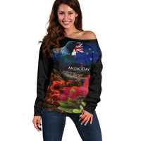 New Zealand ANZAC Day Off Shoulder Sweater Pohutukawa Flower and Tui Bird LT03 Women Black - Polynesian Pride