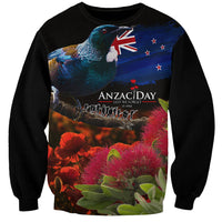New Zealand ANZAC Day Sweatshirt Pohutukawa Flower and Tui Bird LT03 Unisex Black - Polynesian Pride
