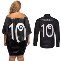 Custom New Zealand Rugby Couples Matching Off Shoulder Short Dress and Long Sleeve Button Shirt All Silver Ferns Blacks