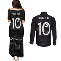 Custom New Zealand Rugby Couples Matching Puletasi and Long Sleeve Button Shirt All Silver Ferns Blacks