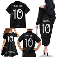 Custom New Zealand Rugby Family Matching Off The Shoulder Long Sleeve Dress and Hawaiian Shirt All Silver Ferns Blacks