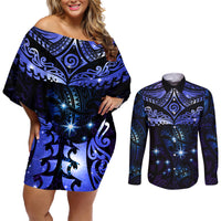 New Zealand Matariki Couples Matching Off Shoulder Short Dress and Long Sleeve Button Shirt Maori Pattern and Matariki Sky Night LT03 Blue - Polynesian Pride