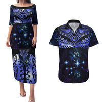 New Zealand Matariki Couples Matching Puletasi and Hawaiian Shirt Maori Pattern and Matariki Sky Night LT03 Blue - Polynesian Pride