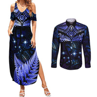 New Zealand Matariki Couples Matching Summer Maxi Dress and Long Sleeve Button Shirt Maori Pattern and Matariki Sky Night LT03 Blue - Polynesian Pride