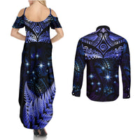 New Zealand Matariki Couples Matching Summer Maxi Dress and Long Sleeve Button Shirt Maori Pattern and Matariki Sky Night LT03 - Polynesian Pride