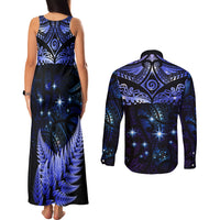 New Zealand Matariki Couples Matching Tank Maxi Dress and Long Sleeve Button Shirt Maori Pattern and Matariki Sky Night
