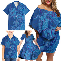 Hawaiian Turtles and Polynesian Art Tattoo Family Matching Off Shoulder Short Dress and Hawaiian Shirt Ocean Abyss