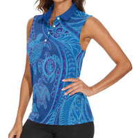 Hawaiian Turtles and Polynesian Art Tattoo Women Sleeveless Polo Shirt Ocean Abyss