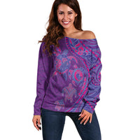 Hawaiian Turtles and Polynesian Art Tattoo Off Shoulder Sweater Dusky Violet
