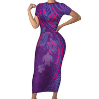 Hawaiian Turtles and Polynesian Art Tattoo Short Sleeve Bodycon Dress Dusky Violet