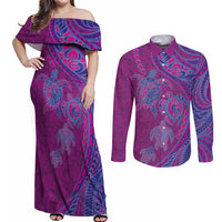 Hawaiian Turtles and Polynesian Art Tattoo Couples Matching Off Shoulder Maxi Dress and Long Sleeve Button Shirt Cerise LT03 Pink - Polynesian Pride