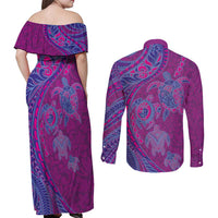 Hawaiian Turtles and Polynesian Art Tattoo Couples Matching Off Shoulder Maxi Dress and Long Sleeve Button Shirt Cerise LT03 - Polynesian Pride
