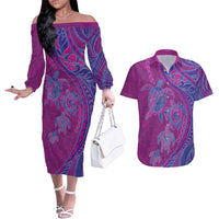 Hawaiian Turtles and Polynesian Art Tattoo Couples Matching Off The Shoulder Long Sleeve Dress and Hawaiian Shirt Cerise