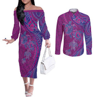 Hawaiian Turtles and Polynesian Art Tattoo Couples Matching Off The Shoulder Long Sleeve Dress and Long Sleeve Button Shirt Cerise