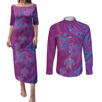 Hawaiian Turtles and Polynesian Art Tattoo Couples Matching Puletasi and Long Sleeve Button Shirt Cerise