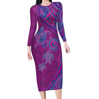 Hawaiian Turtles and Polynesian Art Tattoo Long Sleeve Bodycon Dress Cerise