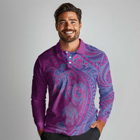 Hawaiian Turtles and Polynesian Art Tattoo Long Sleeve Polo Shirt Cerise