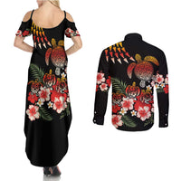 Hawaiian Hibiscus Turtle and Tropical Flower Couples Matching Summer Maxi Dress and Long Sleeve Button Shirt Dynamic Vibe LT03 - Polynesian Pride