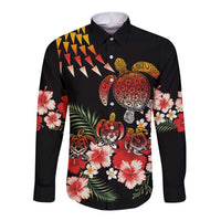 Hawaiian Hibiscus Turtle and Tropical Flower Long Sleeve Button Shirt Dynamic Vibe LT03 Unisex Black - Polynesian Pride
