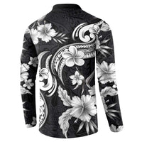 Hawaiian-Polynesian Art Tattoo Button Sweatshirt Hibiscus and Plumeria Grayscale