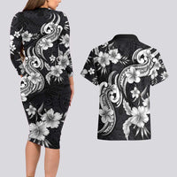 Hawaiian-Polynesian Art Tattoo Couples Matching Long Sleeve Bodycon Dress and Hawaiian Shirt Hibiscus and Plumeria Grayscale
