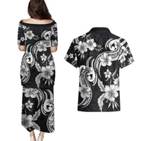 Hawaiian-Polynesian Art Tattoo Couples Matching Puletasi and Hawaiian Shirt Hibiscus and Plumeria Grayscale