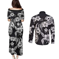 Hawaiian-Polynesian Art Tattoo Couples Matching Puletasi and Long Sleeve Button Shirt Hibiscus and Plumeria Grayscale