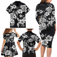 Hawaiian-Polynesian Art Tattoo Family Matching Long Sleeve Bodycon Dress and Hawaiian Shirt Hibiscus and Plumeria Grayscale