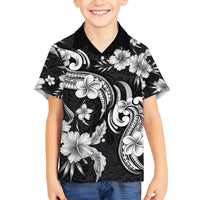 Hawaiian-Polynesian Art Tattoo Family Matching Long Sleeve Bodycon Dress and Hawaiian Shirt Hibiscus and Plumeria Grayscale
