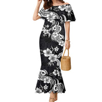 Hawaiian-Polynesian Art Tattoo Family Matching Mermaid Dress and Hawaiian Shirt Hibiscus and Plumeria Grayscale