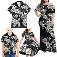 Hawaiian-Polynesian Art Tattoo Family Matching Off Shoulder Maxi Dress and Hawaiian Shirt Hibiscus and Plumeria Grayscale